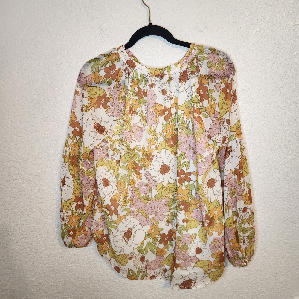 BTFBM Retro Floral Blouse V-Neck Long Sleeve Lined Women's Medium Orange Pinks - Picture 12 of 16